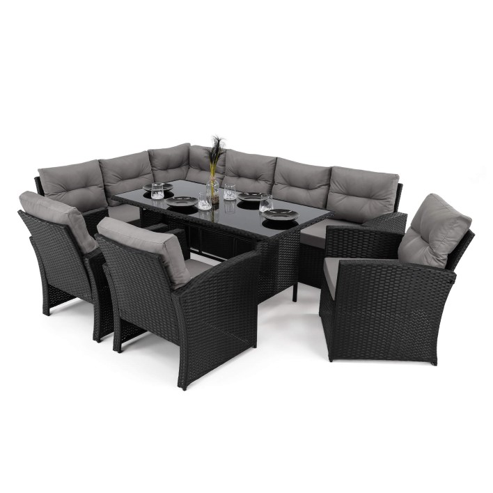 Zestaw mebli ogrodowych dla 9 osób KRETA Technorattan Czarny Poduszki szare 01