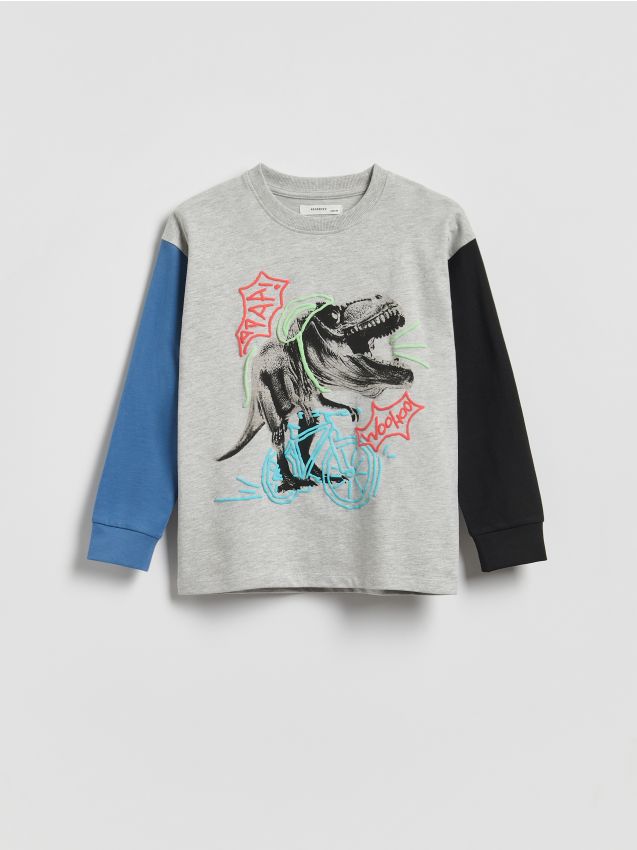 Reserved - Bawełniany longsleeve z nadrukiem - jasnoszary