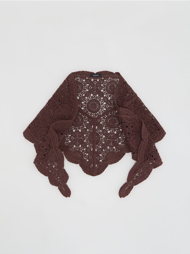 Reserved - Ażurowa chusta z bawełny - ciemnobrązowy