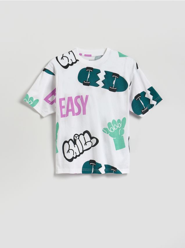 Reserved - Bawełniany t-shirt z nadrukiem - złamana biel