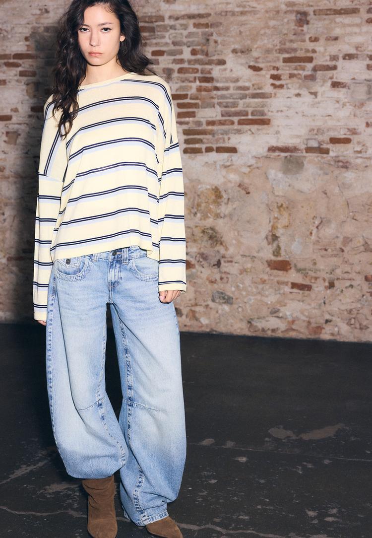 Stradivarius Sweter z dzianiny w paski Żółty pastelowy S