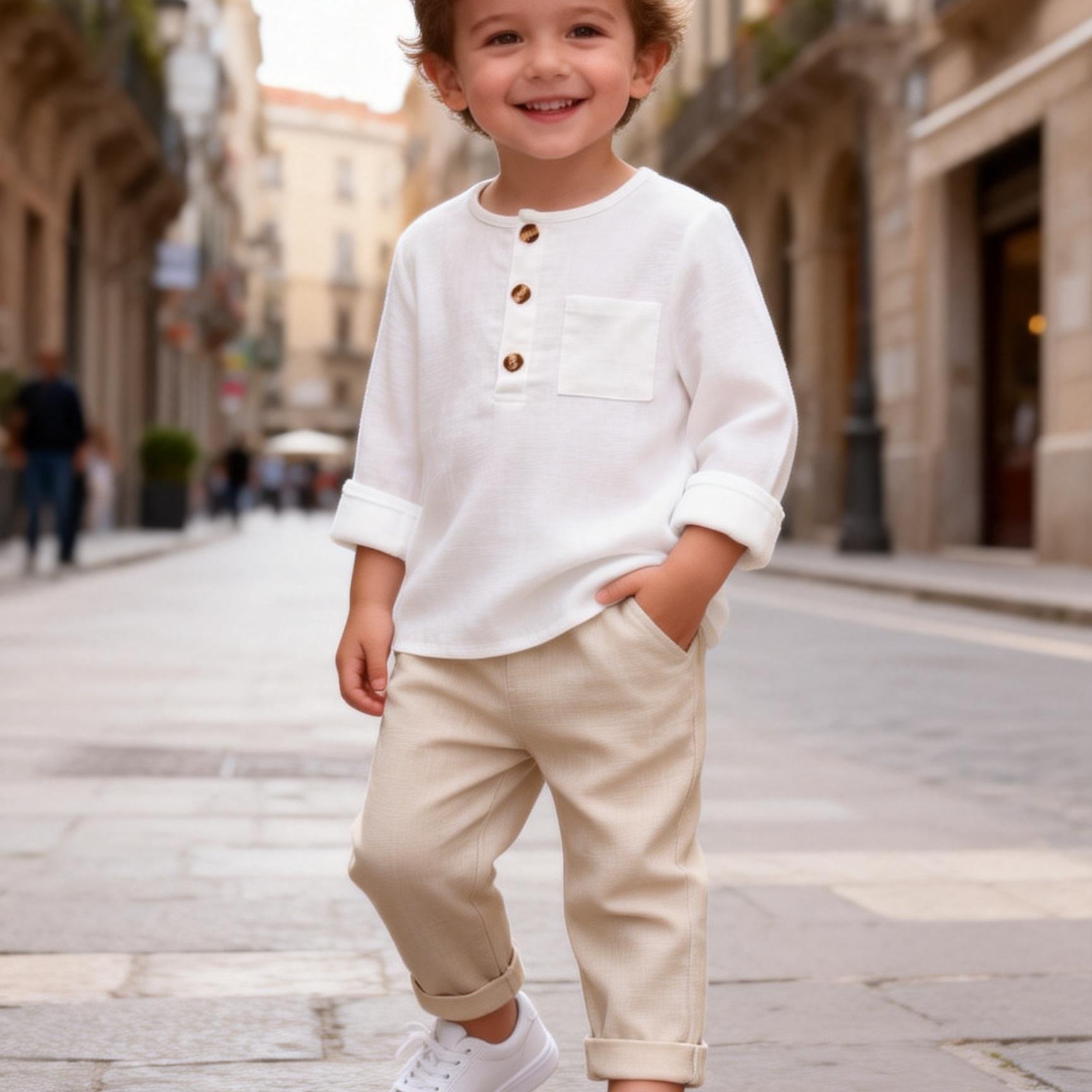 TEMU Chłopięcy zestaw na jesień/zimę: Biała bluza z okrągłym dekoltem i długim rękawem z kieszenią + Spodnie w kolorze morelowym z elastycznym pasem,