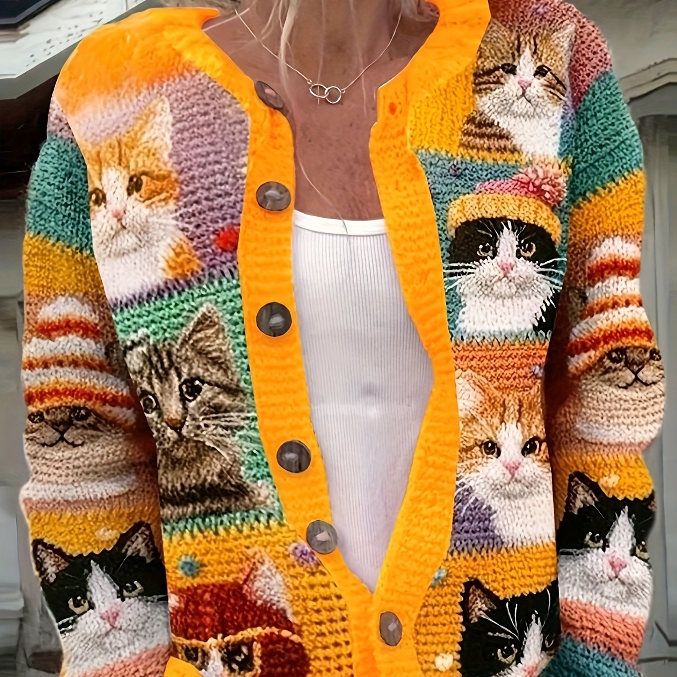 TEMU Damski Kardigan z 3D Kwiatowym Nadrukiem – Modny Sweter z Guzikami w Wzór Kota, Okrągły Dekolt i Detale Guzików, Pranie w Praniu Maszynowym/Nie