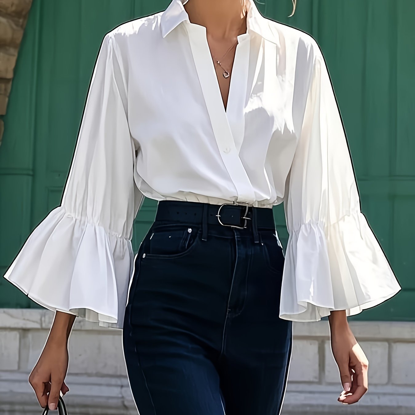 TEMU elegancka damska koszula z długim rękawem zapinana na guziki i rozkloszowanymi rękawami na wiosnę i jesień