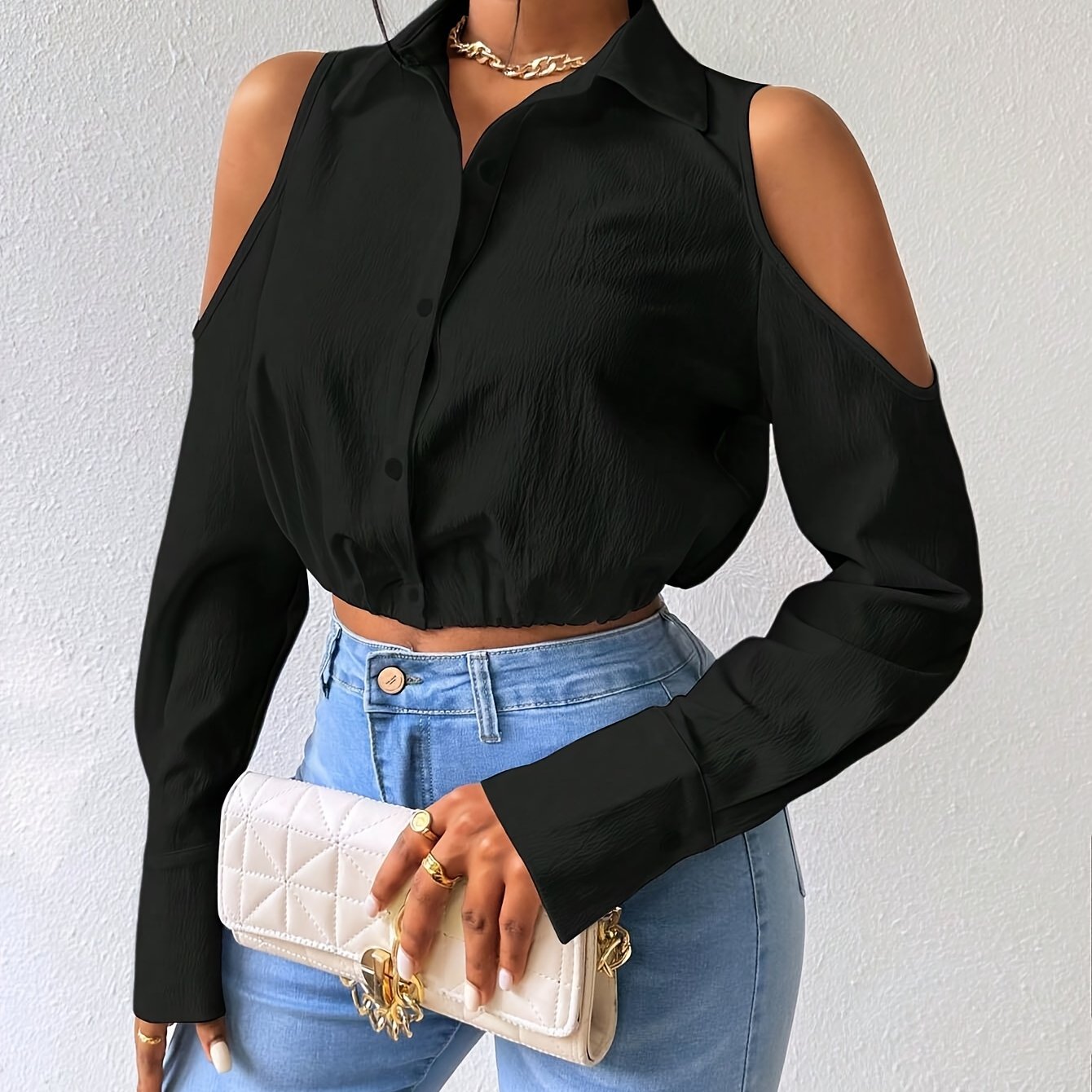 TEMU Elegancka czarna bluzka z klapami i długim rękawem Uniwersalna koszula w jednolitym kolorze na co dzień lub na formalne okazje, idealna do