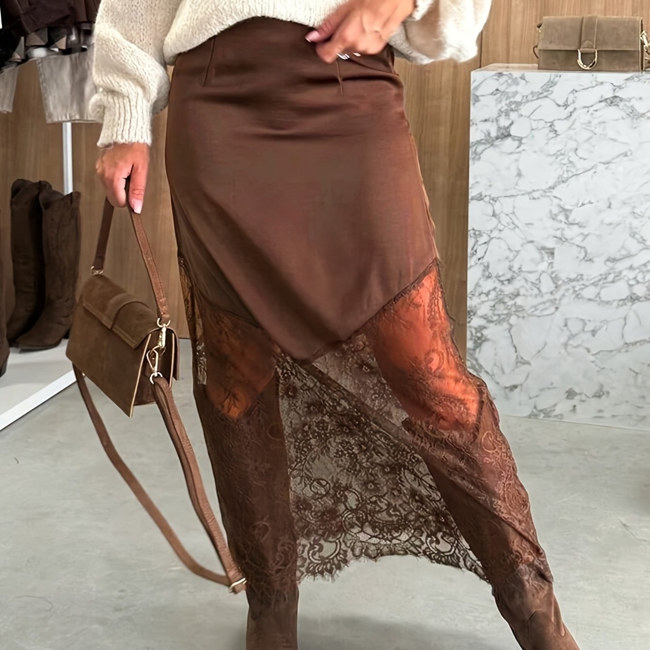 TEMU Elegancka spódnica damska z koronkowym wykończeniem Jednolity , długa, z zamkiem błyskawicznym, dopasowany krój