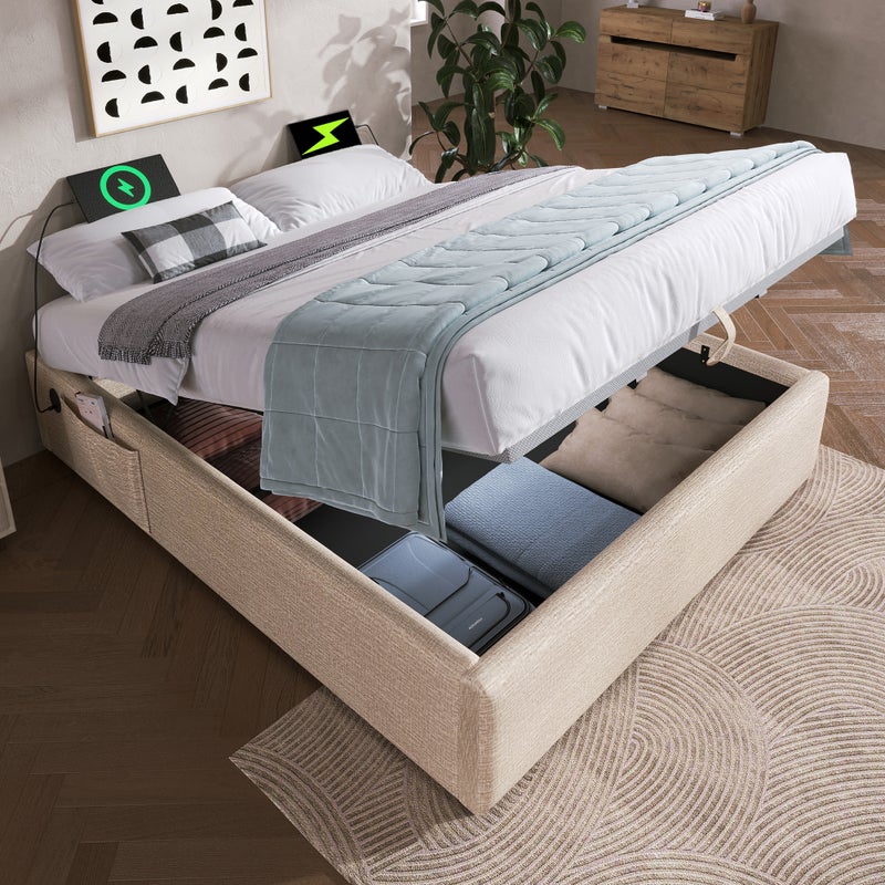 Łóżko tapicerowane-140×200 cm-dwuosobowe-rzeczy naturalne-bez zagłówka-rama Struraum-wejście USB-C-stelaż z listew