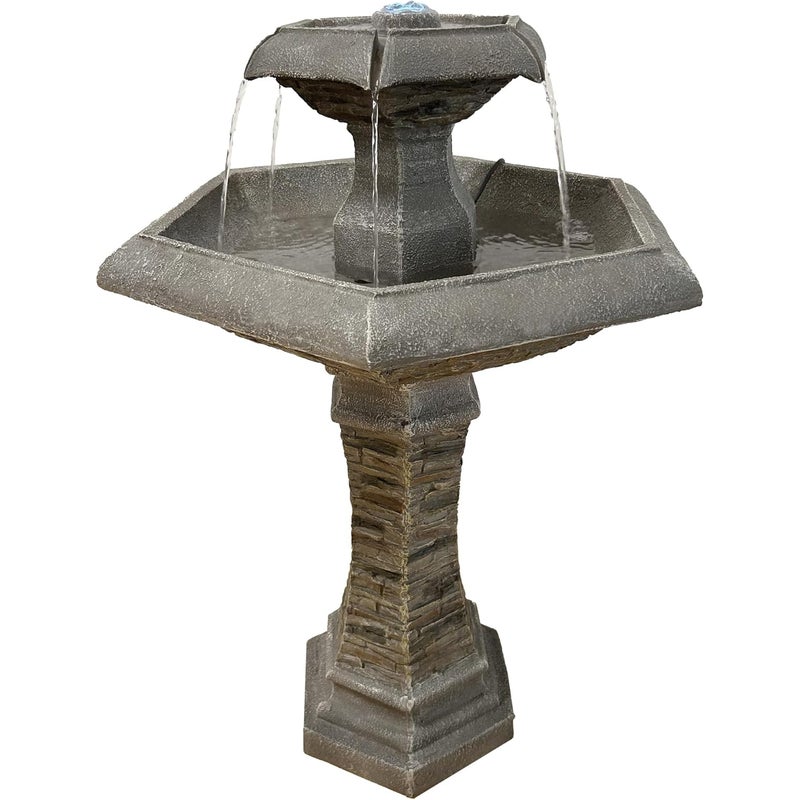 Fontanna ogrodowa Hexagon Elegance z oświetleniem LED, wodospad, kąpiel dla ptaków, dekoracja ogrodu, fontanna