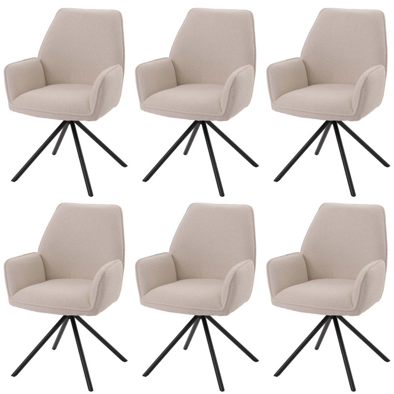 Zestaw 6 krzeseł do jadalni HWC-G67, podłokietnik krzesła kuchennego, pozycja obrotowa automatyczna, tkanina bouclé Oeko-Tex MVG ~ kremowy
