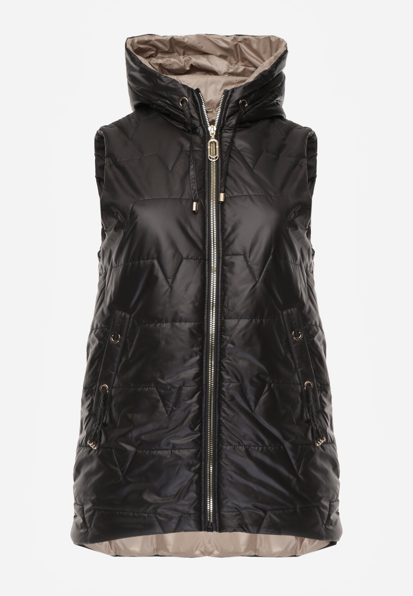 Czarna Kamizelka z Nieodpinanym Kapturem i Geometrycznym Pikowaniem Kalousa