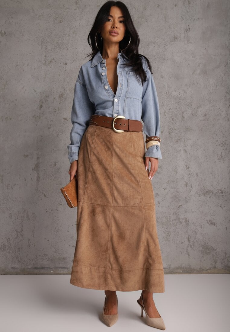 Beżowa Gładka Spódnica z Imitacji Zamszu o Rozkloszowanym Kroju Nettia