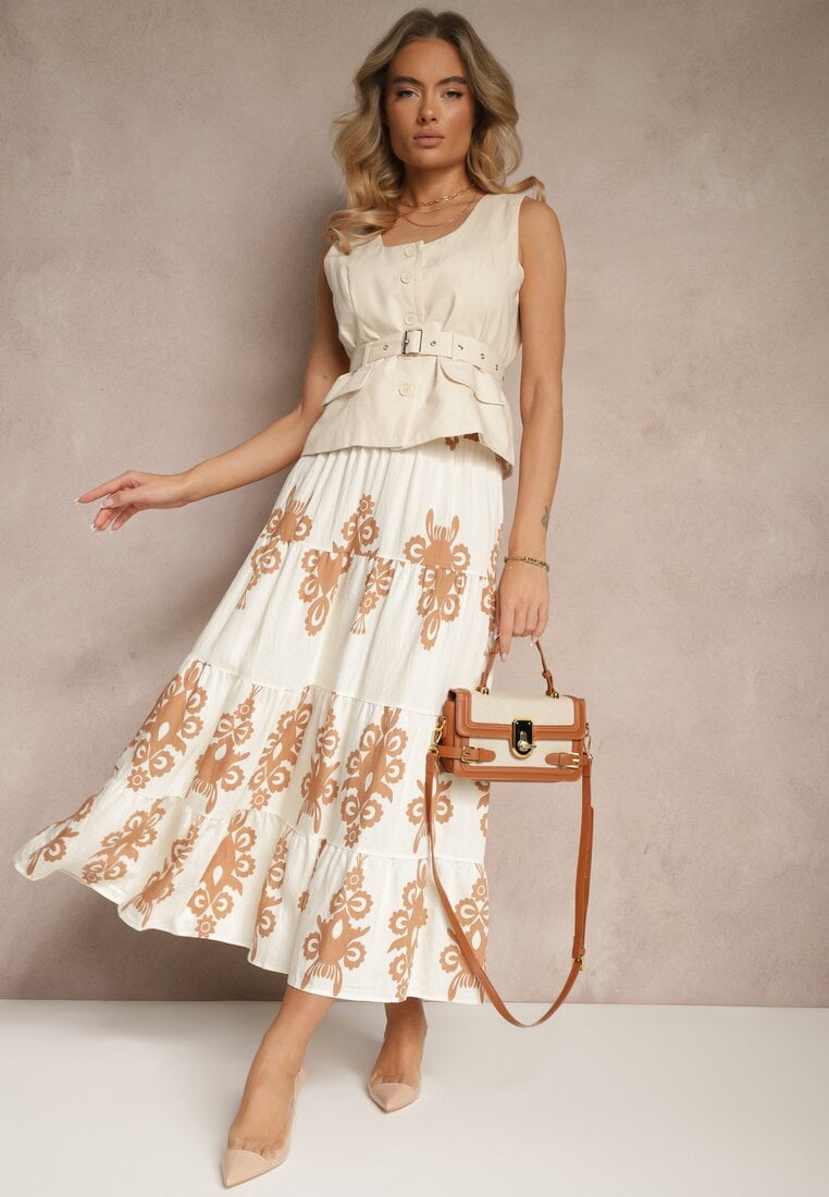 Kremowo-Beżowa Rozkloszowana Spódnica w Ornamentalne Wzory z Wiskozą Sarinea
