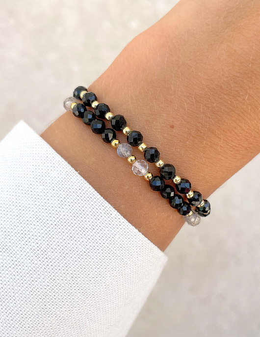 Bransoletki na gumce - czarny turmalin, labradoryt, kryształ górski