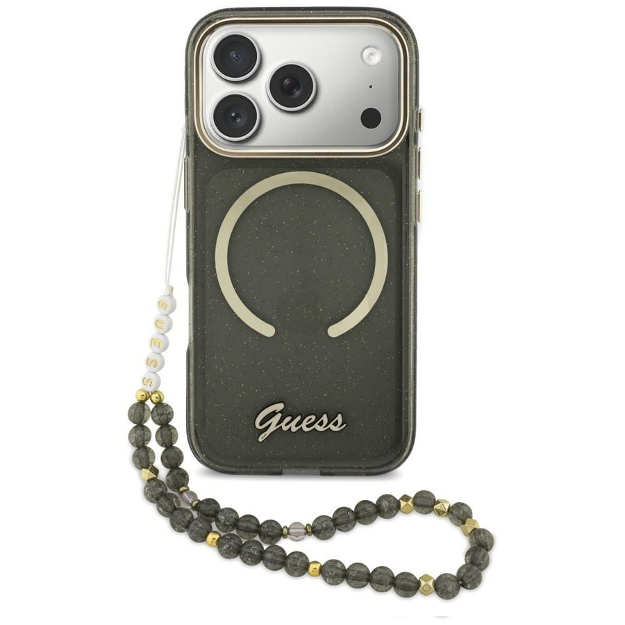 Etui Guess IML Glitters Script Strap MagSafe do iPhone 17 Pro czarny