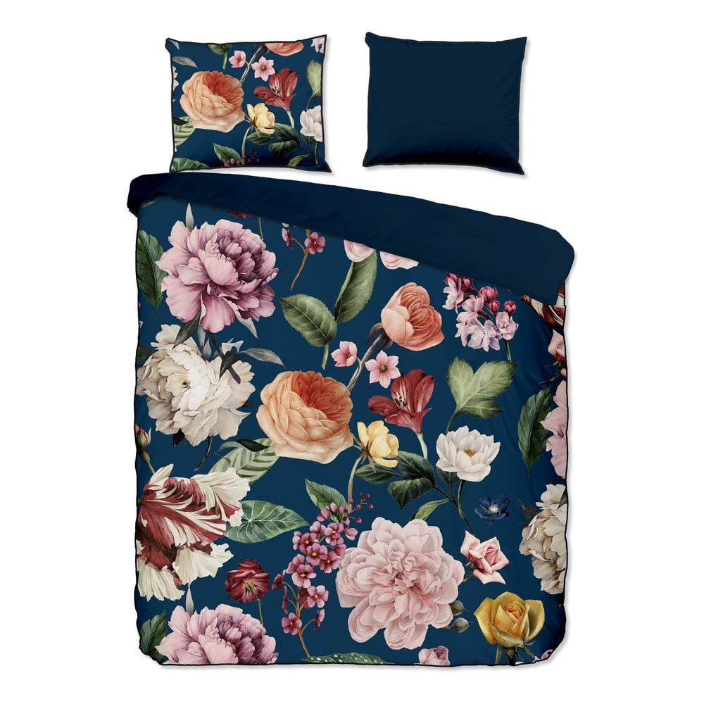 Ciemnoniebieska pościel dwuosobowa z satyny bawełnianej 200x220 cm Fiori – Descanso