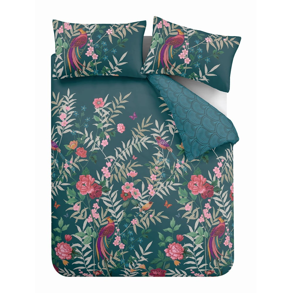 Ciemnozielona pościel dwuosobowa 230x220 cm Tropical Floral Birds – Catherine Lansfield