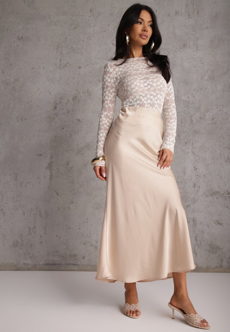 Beżowa Koktajlowa Spódnica z Satyny o Rozkloszowanym Kroju Zinnivira