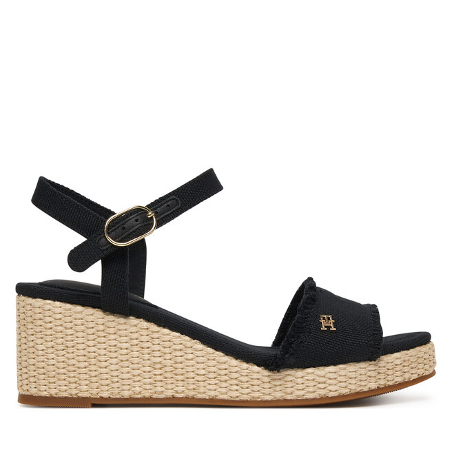 Sandały Tommy Hilfiger Mid Woven Wedge Espad Fringe FW0FW09470 Czarny