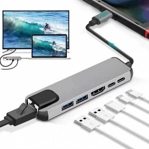 GEMBIRD MULTI ADAPTER USB TYPE-C 5W1 (USB AF AND TYPE-C HUB + HDMI + PD+LAN) SZARY A-CM-COMBO5-06