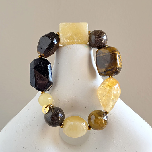 Tygrysie oko, cytryn, czarny turmalin, kalcyt i hematyt bransoletka