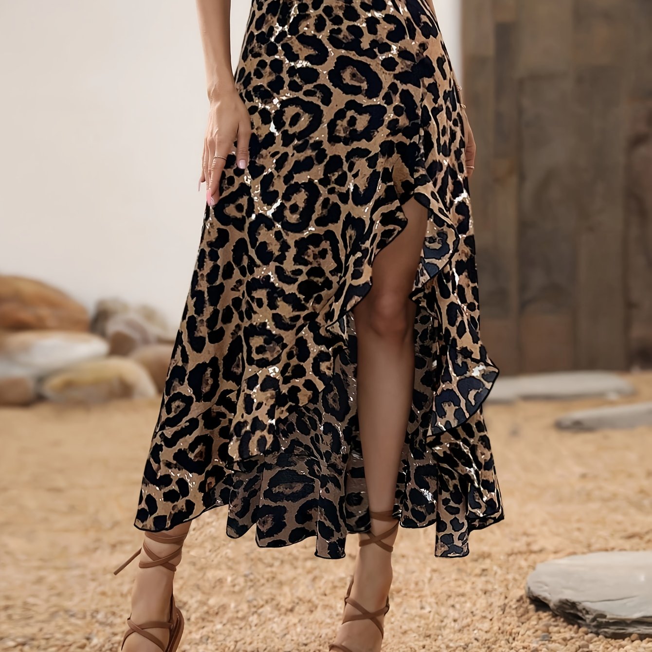 TEMU Spódnica Damska w Elegancki Lamparczy Wzór z Rozcięciem na Boku - Tkanina Nieelastyczna do Prania Maszynowego, Uniwersalny Styl na Każdą Porę