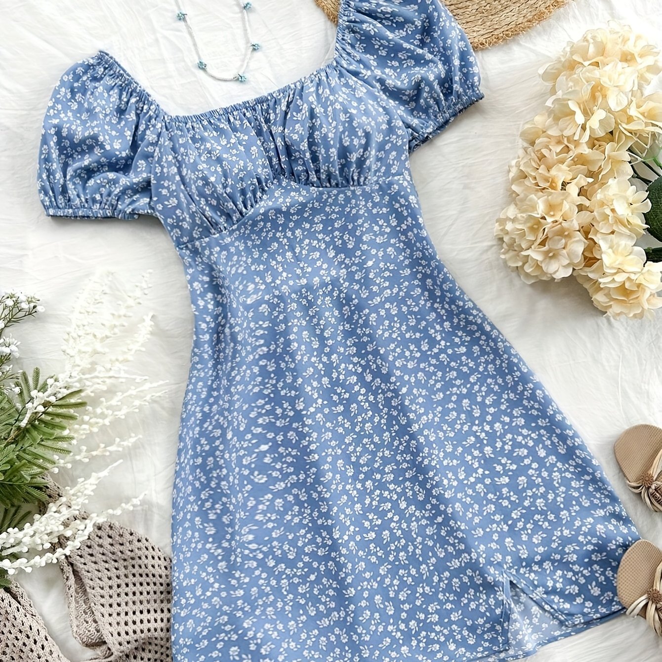 TEMU stylowa i elegancka sukienka damska z kwadratowym dekoltem i bufiastymi rękawami w kwiaty