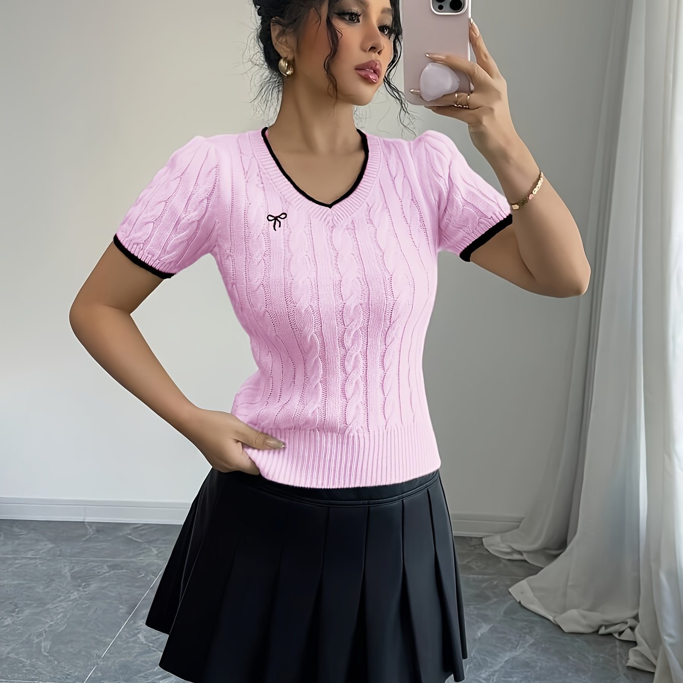 TEMU Sweter damski z dekoltem w kształcie , V-neck, z haftowaną kokardą w ośmiokrotnym wzorze, casualowy i elegancki