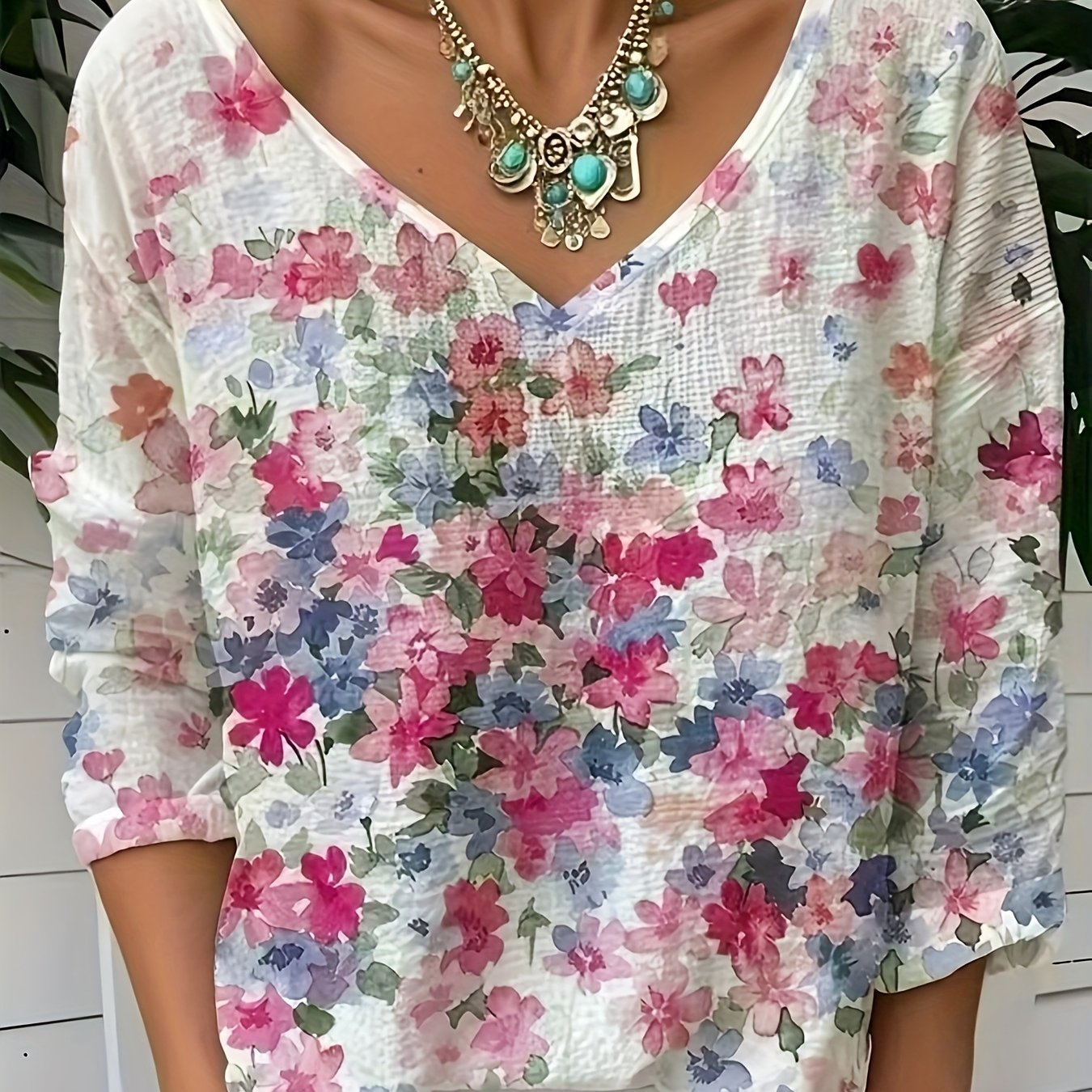 TEMU Damska bluzka w kwiaty w stylu vintage, tropikalna, z długim rękawem i dekoltem w serek, standardowa, różowa, na i wiosnę