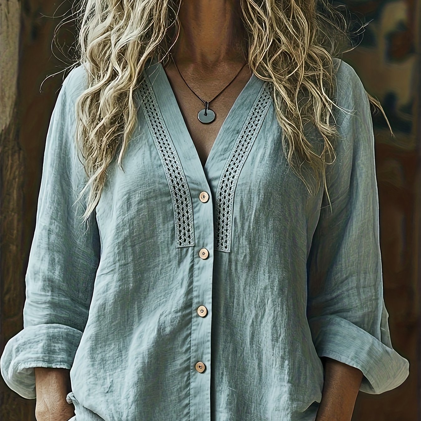 TEMU Damska Lniana Koszula w Stylu Boho z Dekoltem w Serek, Wiosenno-Jesienny Luźny Top z Długim Rękawem na Wakacje