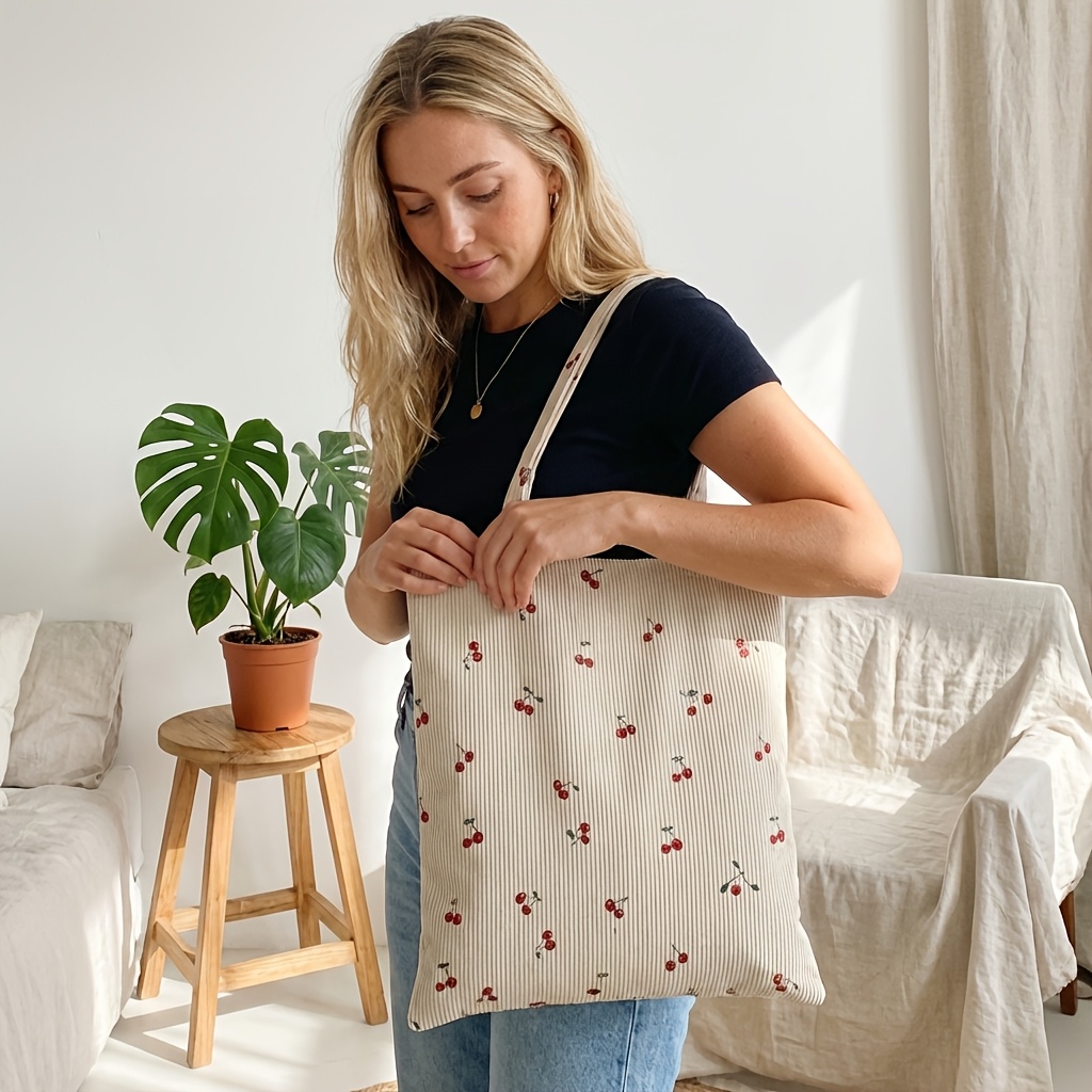 TEMU Mała Torebka z Wzorem Wiśni, Wydrukowana z Kordurowej Tkaniny, Duża Pojemność, Prosta i Uniwersalna Torebka na Codzienne Dojazdy, Dla Kobiet i