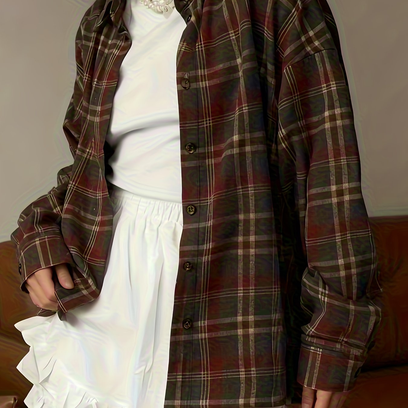 TEMU Damska luźna koszula-kurtka w kratę, codzienna bluzka zapinana na guziki z klapami, regularna długość, długi rękaw, wygodna i oddychająca,