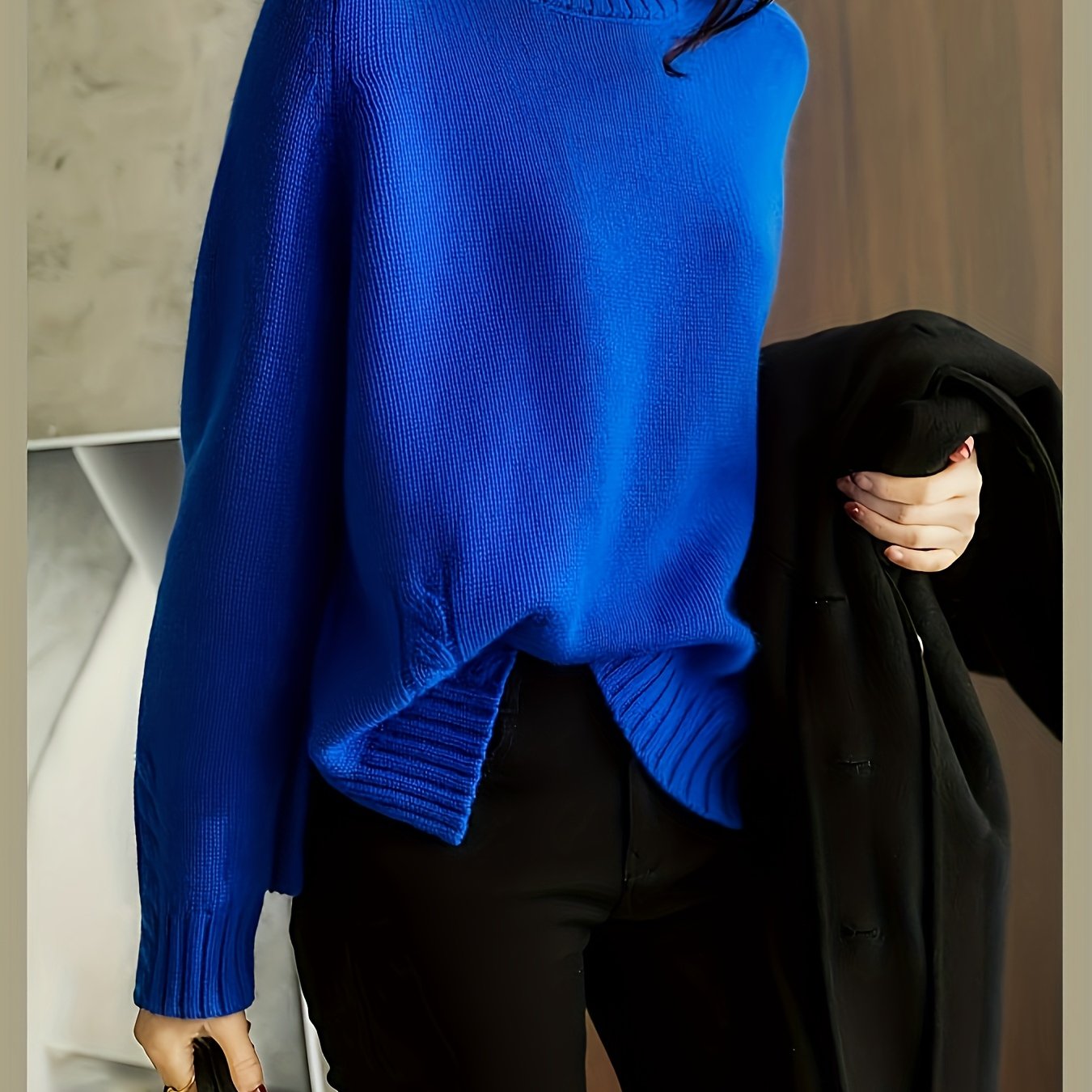 TEMU Jesień/ Damski Wysokiej Jakości Granatowy Sweter z Wysokim Kołnierzem, Damska Zimowa Baza, Kostium Karnawałowy dla Kobiet, Stroje na Festiwale,