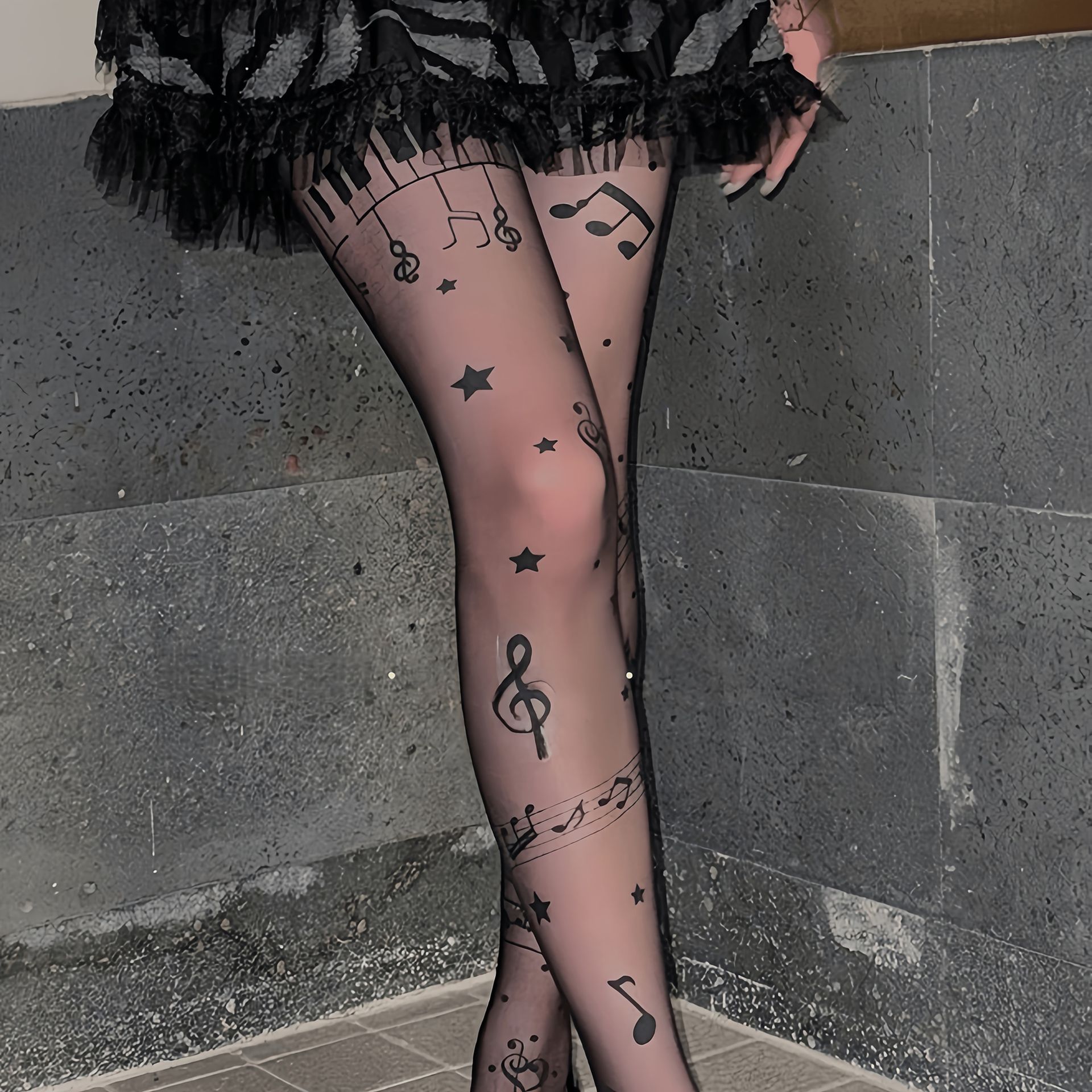 TEMU 1-Pak Damskie Rajstopy Retro z Nadrukiem Nut Muzycznych - Przezroczyste Rajstopy Modelujące Nogę z Nutami, Elastyczne Antypoślizgowe, Na Każdy