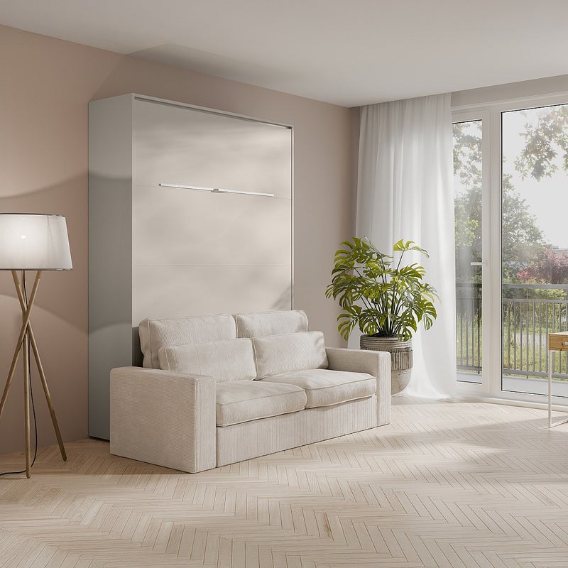 Łóżko chowane w szafie w ścianie 160 x 200 cm - Ręczne otwieranie pionowe - Z oświetleniem LED - Beżowe + Materac + Kanapa - RAPILI