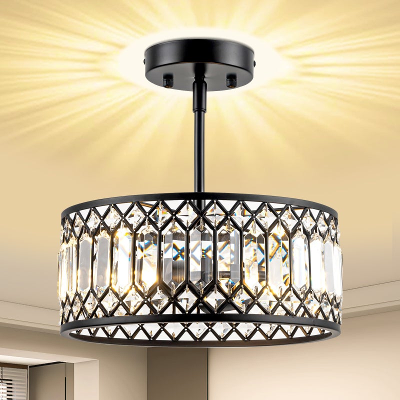 Lampa Sufitowa Kryształowa Plafon 3-Punktowy E27 Czarna – Półwpuszczana żyrandol Styl Glamour Loft do Salonu i Kuchni (Żarówki LED w Zestawie)