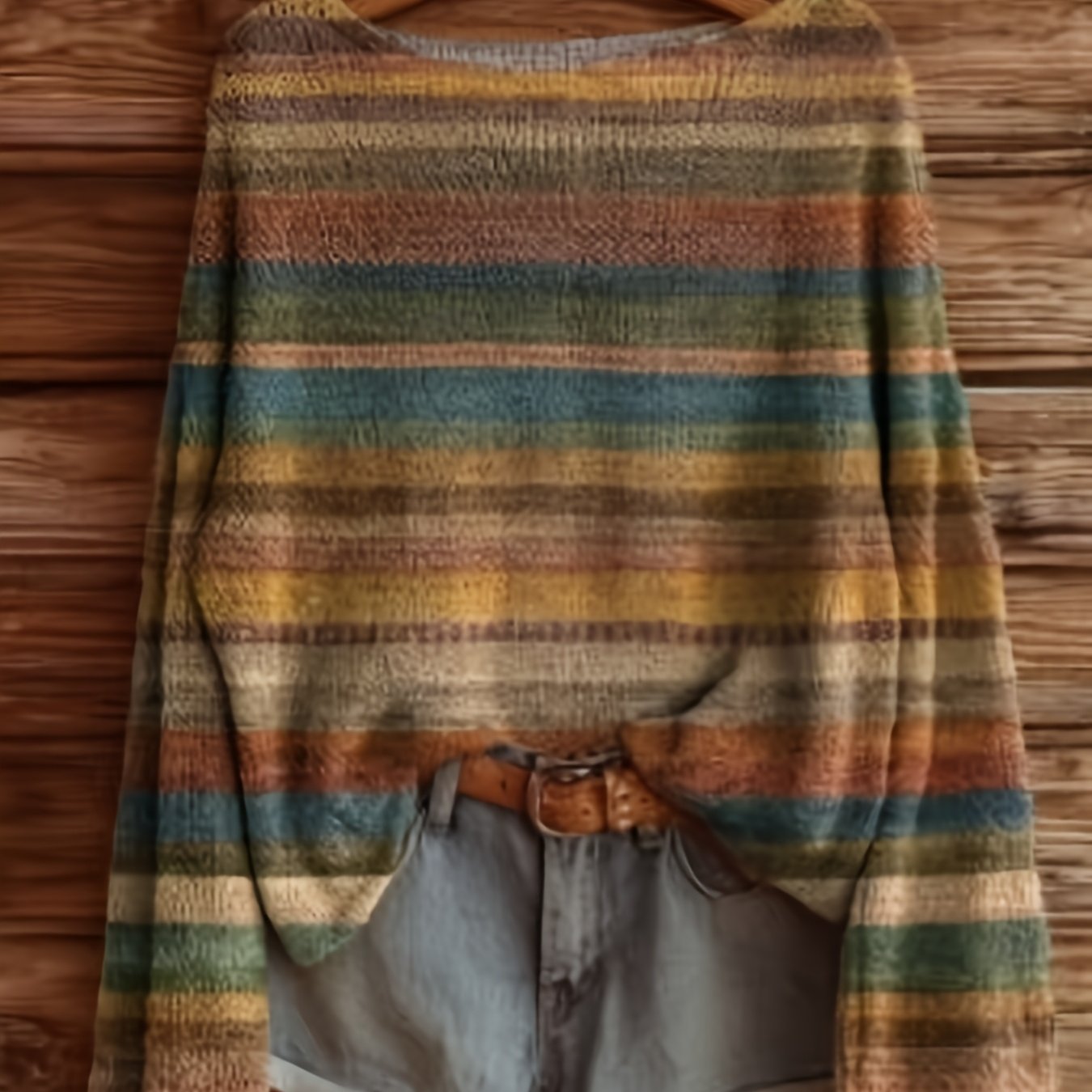 TEMU Lekki sweter z nadrukiem na całej powierzchni, z gradientem i okrągłym dekoltem, długim rękawem, idealny do codziennej mody dla kobiet.