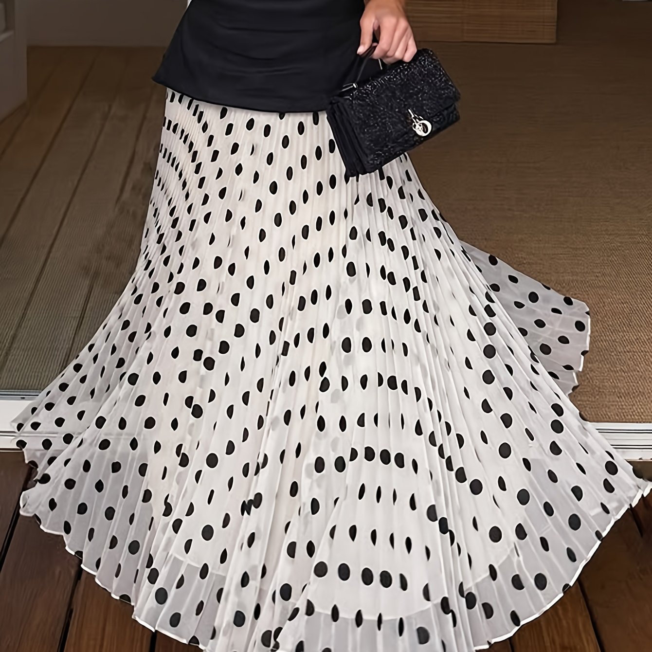 TEMU Spódnica damska wiosna/ w kropki, casualowa plisowana sukienka maxi