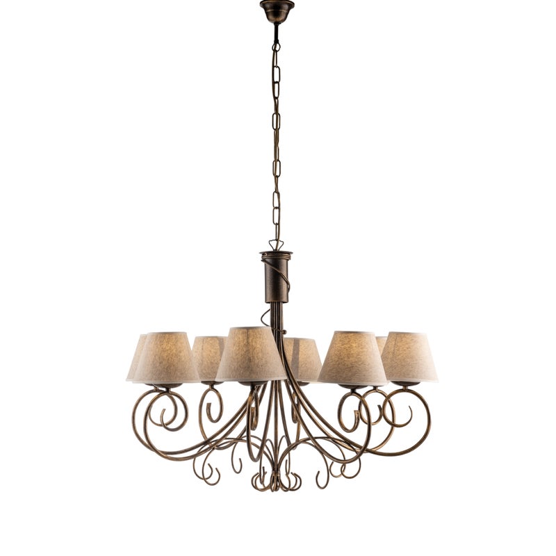 Żyrandol Wiedeń z brązowego lakierowanego żelaza, dekor stare złoto, abażury PVC z efektem juty Ø13