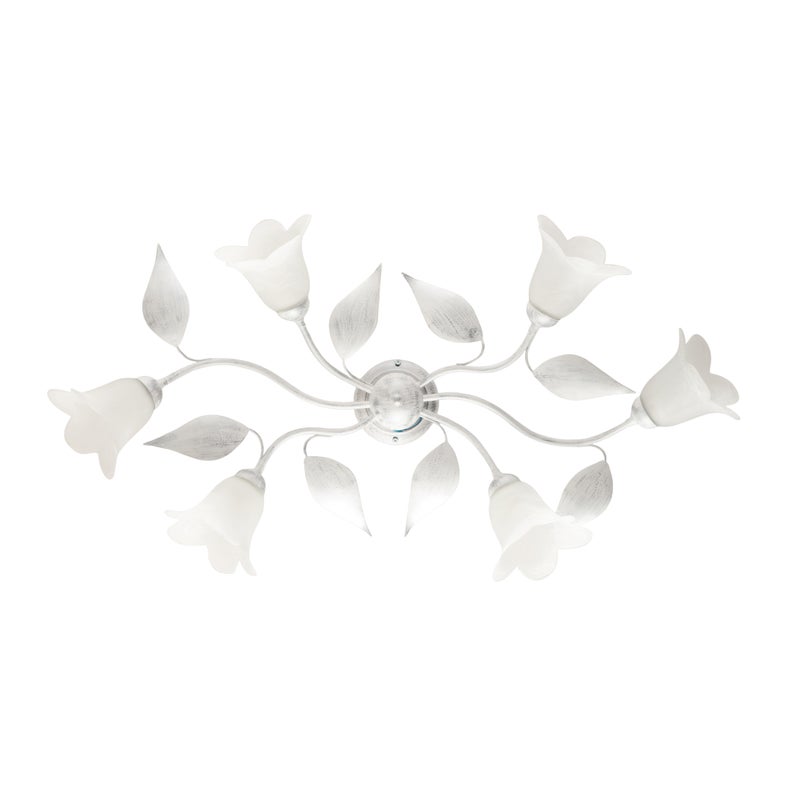 Olga lampa sufitowa z lakierowanego białego żelaza z srebrnym zdobieniem, 6 lamp, alabastrowe klosze, 70x52 cm