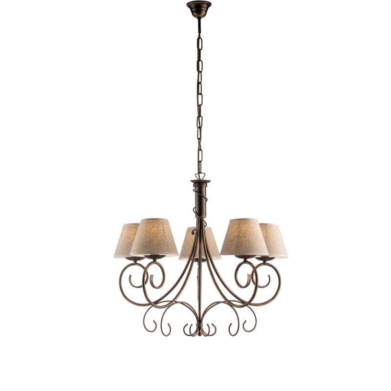 Żyrandol Wiedeń z brązowego lakierowanego żelaza, dekor stare złoto, abażury PVC z efektem juty Ø13