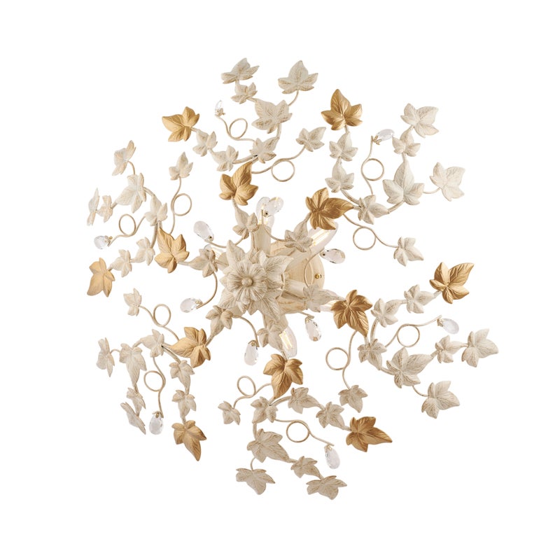 Edera lampa sufitowa z żelaza w kolorze kości słoniowej, dekor stare złoto i kryształki, 6 świateł, Ø80 cm