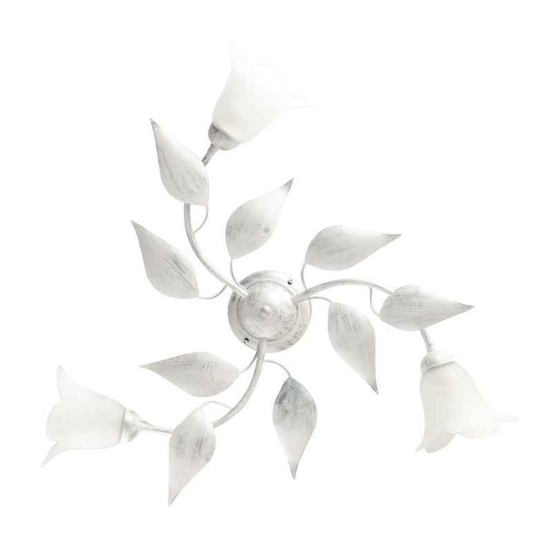 Olga lampa sufitowa białe żelazo, srebrne zdobienia, 3 klosze alabastrowe, Ø67 H20