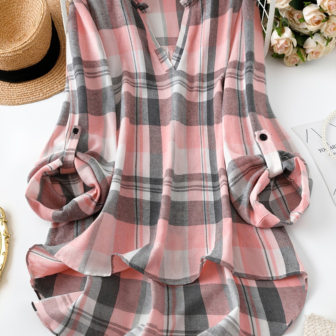 TEMU Modna Damska Koszula w Kratę z Długim Rękawem i Spinkami do Mankietów, Elegancka Bluzka, Damski Top, Wiosenna Odzież Damska