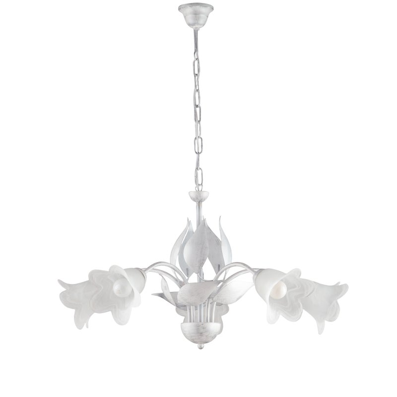 Olga – żyrandol z białego lakierowanego żelaza, zdobienia w kolorze antycznego srebra, klosze z białego alabastru Ø14 cm, klasyczny styl, 5 świateł