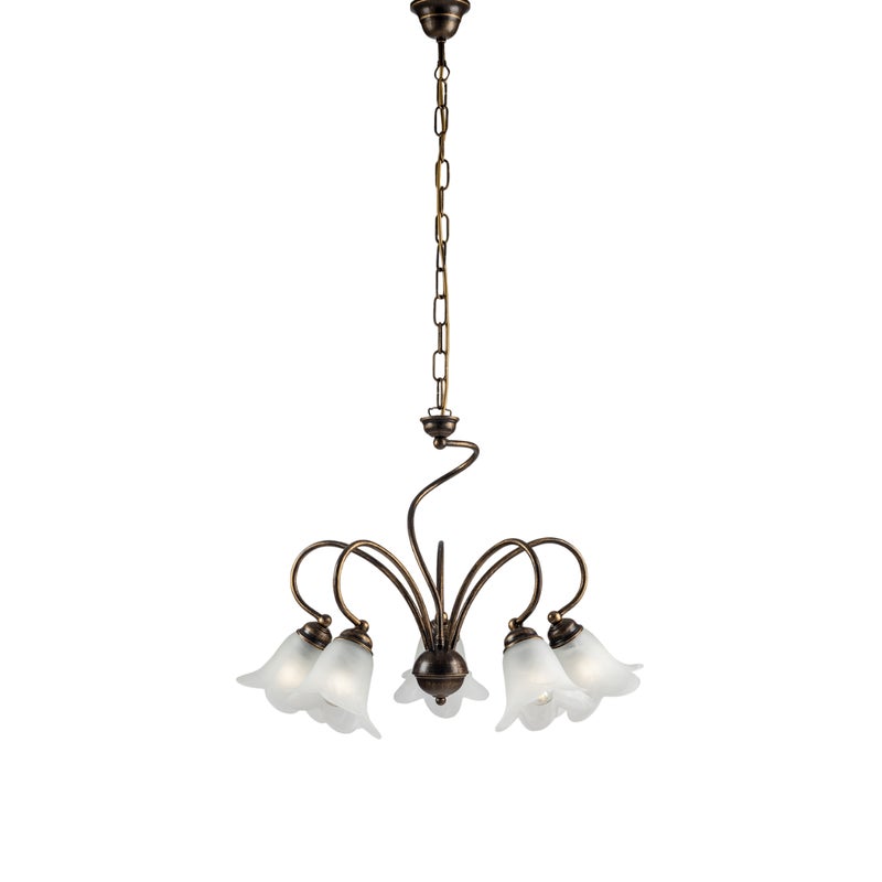 Alice żyrandol lakierowane brązowe żelazo, złote zdobienia, klosze alabastrowe, 5 lamp, Ø57 cm