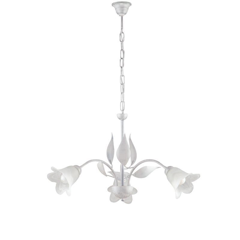 Olga - Biały lakierowany żyrandol z żelaza z antycznymi srebrnymi zdobieniami i białymi kloszami z alabastru, 3 lampy 103 - Ø60 - BL155-3-BA