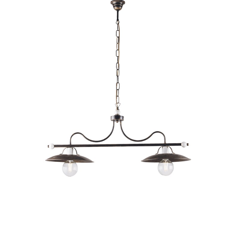 Żyrandol piwniczny lakierowane żelazo brązowe ze złotymi zdobieniami i białymi wykończeniami, 2 lampy, 87x30 cm