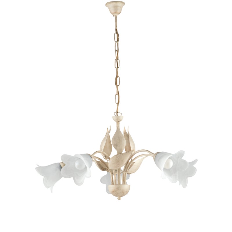 Olga – żyrandol z lakierowanego żelaza w kolorze kości słoniowej, dekor stare złoto, klosze z białego szkła alabastrowego Ø14 cm, 5 świateł