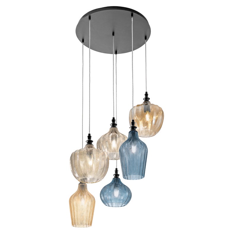 Cleofe - lampa wisząca z 6 żarówkami, w kolorze bursztynowym, ochrowym i kobaltowym - 6XE27 max 6X60W, elegancki, nowoczesny design, IP20