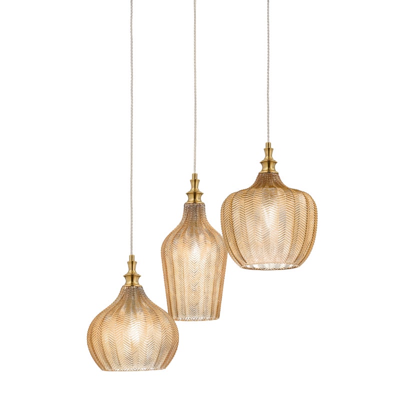 Cleofe - lampa wisząca z 3 źródłami światła, z przezroczystego bursztynowego szkła i mosiądzu - 3XE27 maks. 3X60W, dekoracyjny styl vintage, IP20